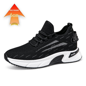 Invisible height-increasing running shoes with mesh upper in black and white colors