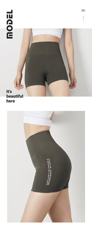 Women's tight fitting fitness yoga shorts in army green, sand pink, twilight blue, and mysterious black