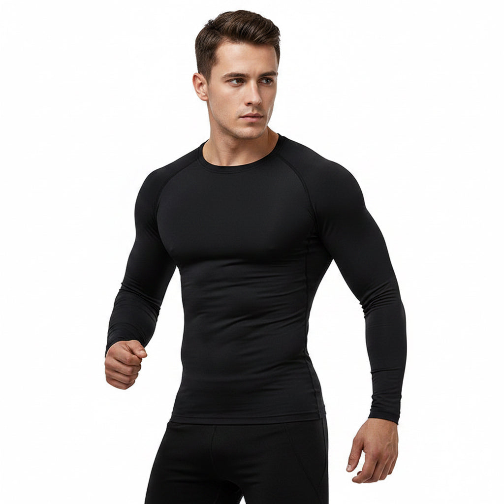 Men's long sleeve compression athletic shirt in purple with contrast raglan seams
