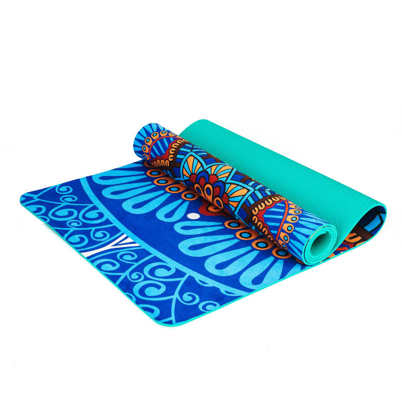 Digital printing suede TPE yoga mat in blue color with non-slip surface
