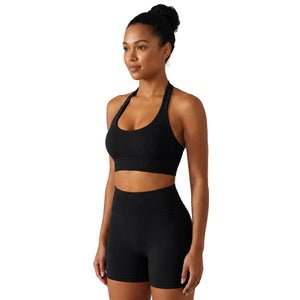 Women's halter sports bra and shorts set in multiple colors