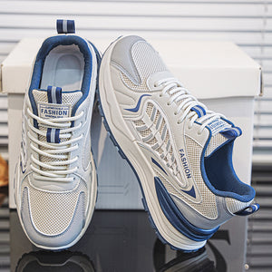 Men's breathable mesh sports sneakers in beige and gray with thick rubber sole