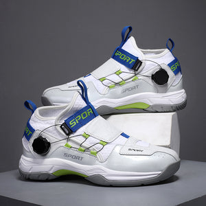 Breathable professional badminton training shoes in white moon, white blue, and black colors
