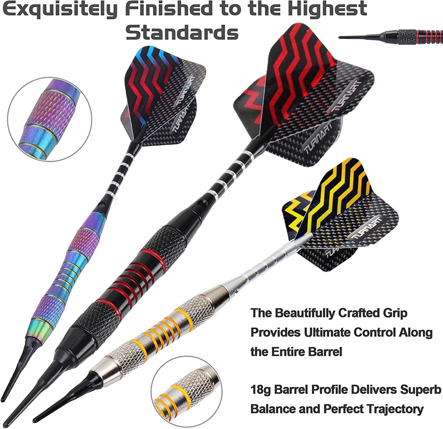 Professional Soft Tip Darts Set for Electronic Dartboards - 9 Pieces, 18 Grams with 50 Extra Tips, 9 Shafts, 27 Flights, Tool Kit, Flight Protectors, and Gift Case