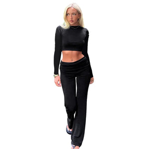 Women's solid color fitness yoga two-piece set with round neck top and bootcut trousers in dark gray, black, and light gray