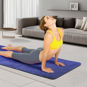 Blue multi-color non-slip TPE yoga mat measuring 72 by 24 inches