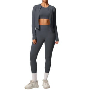 Breathable form-fitting women's workout three-piece activewear set in various colors
