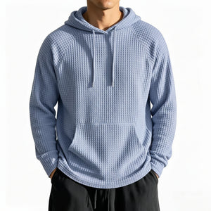 Men's relaxed-fit waffle knit hooded jacket in navy blue with raglan sleeves