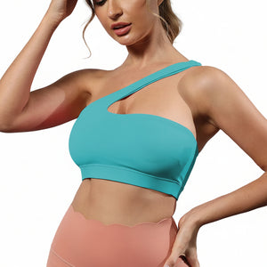 One-shoulder bare-feel sports bra in various colors with medium cup and halter neck straps