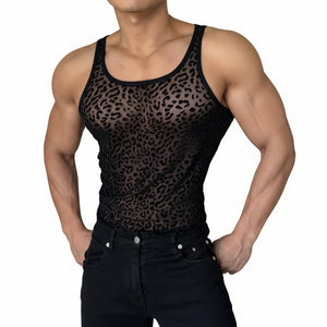 Black leopard print cutout see-through sleeveless vest for men