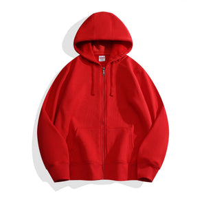 Solid color fleece-lined hoodie with hood and patch pockets in various colors