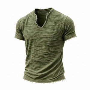 Retro cotton-linen v-neck t-shirt with feathered hem in various colors