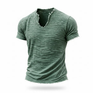 Retro cotton-linen v-neck t-shirt with feathered hem in various colors