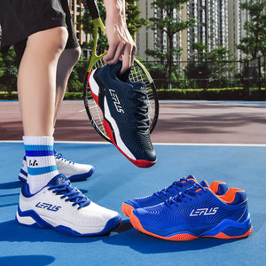 Breathable tennis and badminton sports shoes in Blue Orange, Dark Blue, and White Blue colors