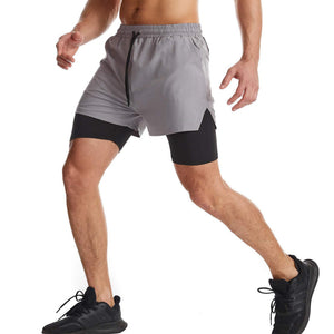 Men's double layer quick dry running shorts with built-in liner and side thigh pocket