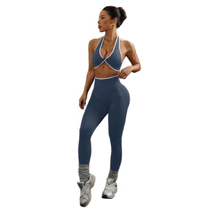 Neck-strap knotted open-back top and yoga pants set for women in multiple colors