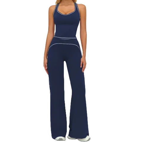 Womens yoga set with V-neck sleeveless top and slim straight pants in Badge Blue