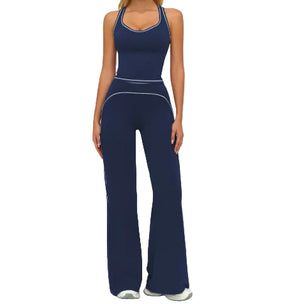 Womens yoga set with V-neck sleeveless top and slim straight pants in Badge Blue