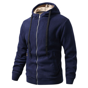Men's fleece-lined hooded jacket in dark gray, black, army green, and deep blue colors