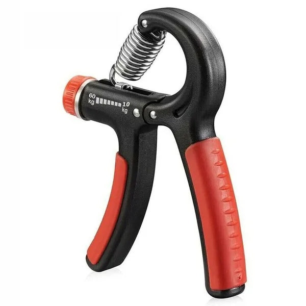 Adjustable hand grip strength trainer in black and red with ergonomic design
