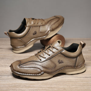Men's casual flat leather slip-on shoes in multiple colors with stitched rubber outsole