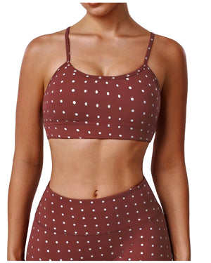 Push-up shockproof silver polka-dot yoga bra in rust red and black colors