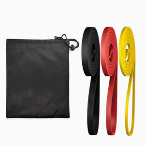 Set of three heavy duty pull up resistance bands in yellow, red, and black with carry bag