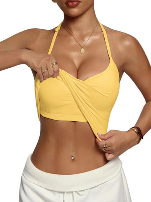 Seamless halter sports bra with built-in pads in multiple colors