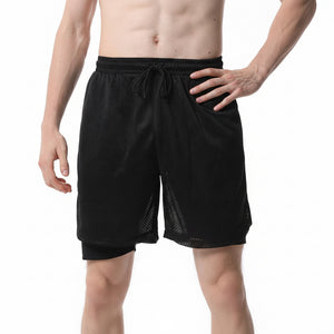 Men's blue 2-in-1 sauna sweat shorts with pockets shown from multiple angles
