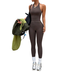 Brown yoga tank top and workout pants set for women