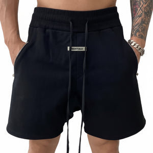 Men's high waist cotton fitness shorts in black and gray for sports and training