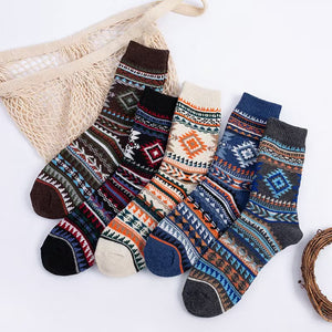 Vintage ethnic-style men's wool winter socks in assorted color block patterns