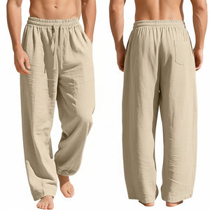 Men's linen casual sports pants with pockets and drawstring in various solid colors