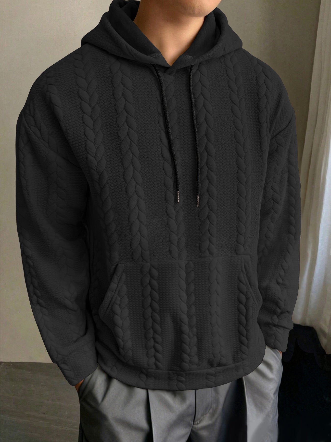 Men's casual slim fit hooded sweatshirt in black, light gray, khaki, and navy blue
