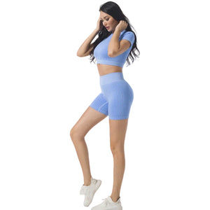 Seamless women's high waist yoga set in blue, dark green, and gray with striped pattern
