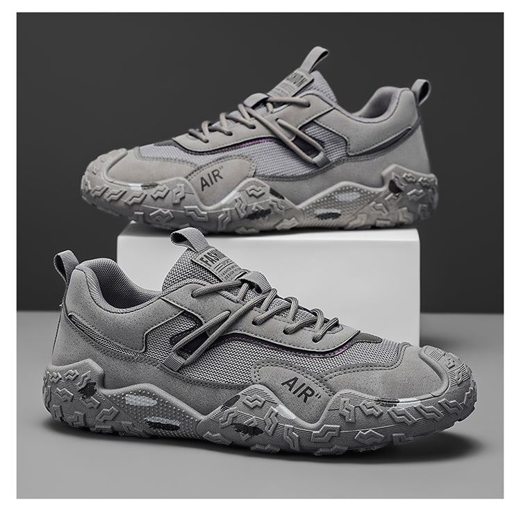 Men's breathable mesh dad sneakers with thick rubber sole in gray, khaki, and black