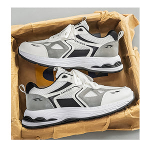 Men's breathable mesh running sneakers with thick rubber sole in beige blue and beige black