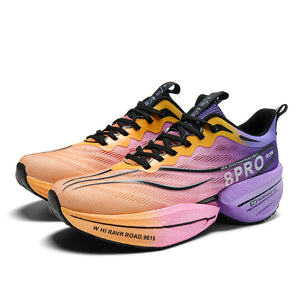 Carbon-plate shock-absorbing running shoes in multiple colors with breathable mesh and rubber outsole