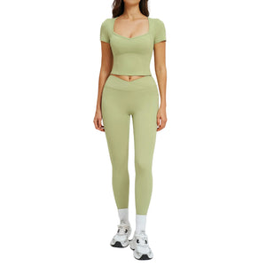 Women's outdoor running fitness workout set in various colors including black, brown, green, red, and camel