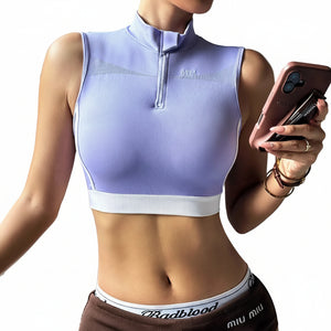 Purple women's hollowed-out back yoga top in various views
