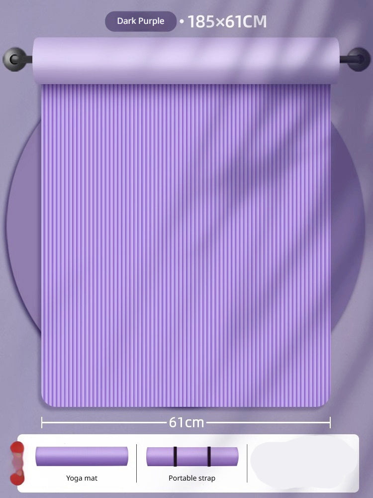 Non-slip shock-absorbing yoga mat in purple, pink, and black with free strap