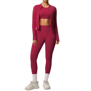 Breathable form-fitting women's workout three-piece activewear set in various colors