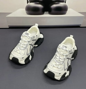 Men's ultra-light mesh dad sneakers in black, silver, and white with round toe and lace-up closure