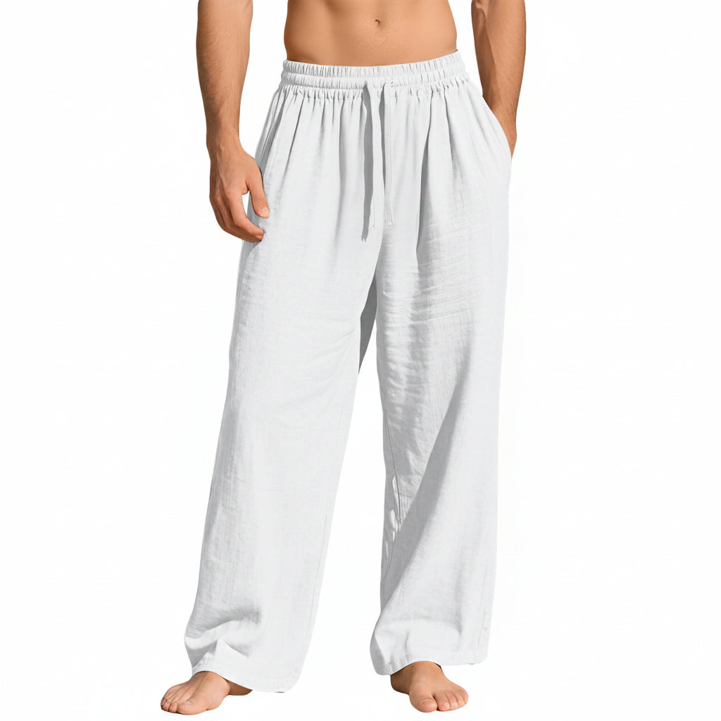 Men's linen casual sports pants with pockets and drawstring in various solid colors