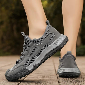 Men's breathable mesh work sneakers with tire pattern rubber soles in gray and khaki