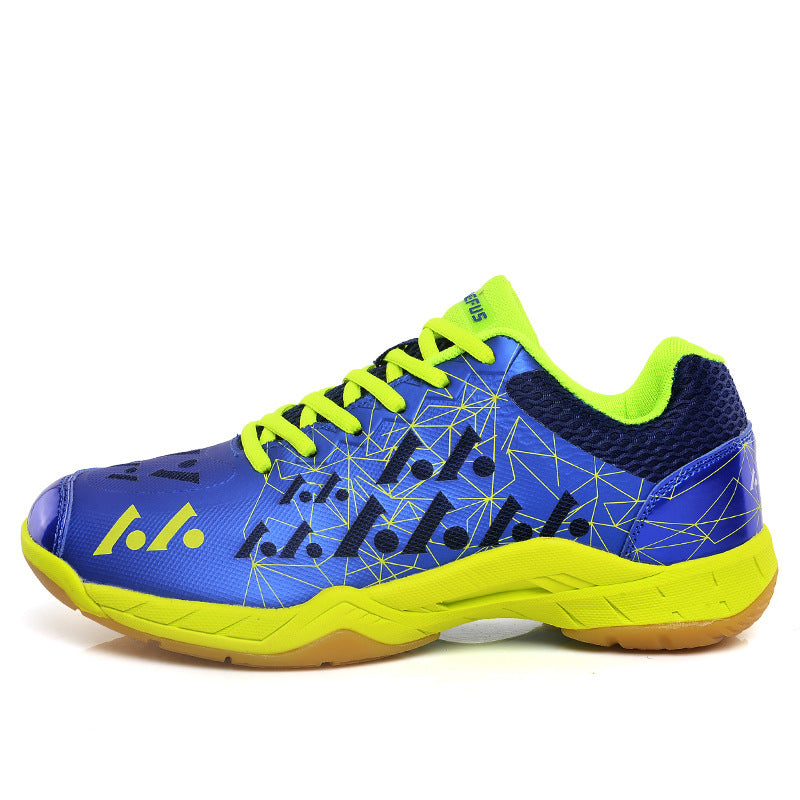 Men's badminton training shoes in blue, sky blue pink, red, and green with mesh upper and rubber sole