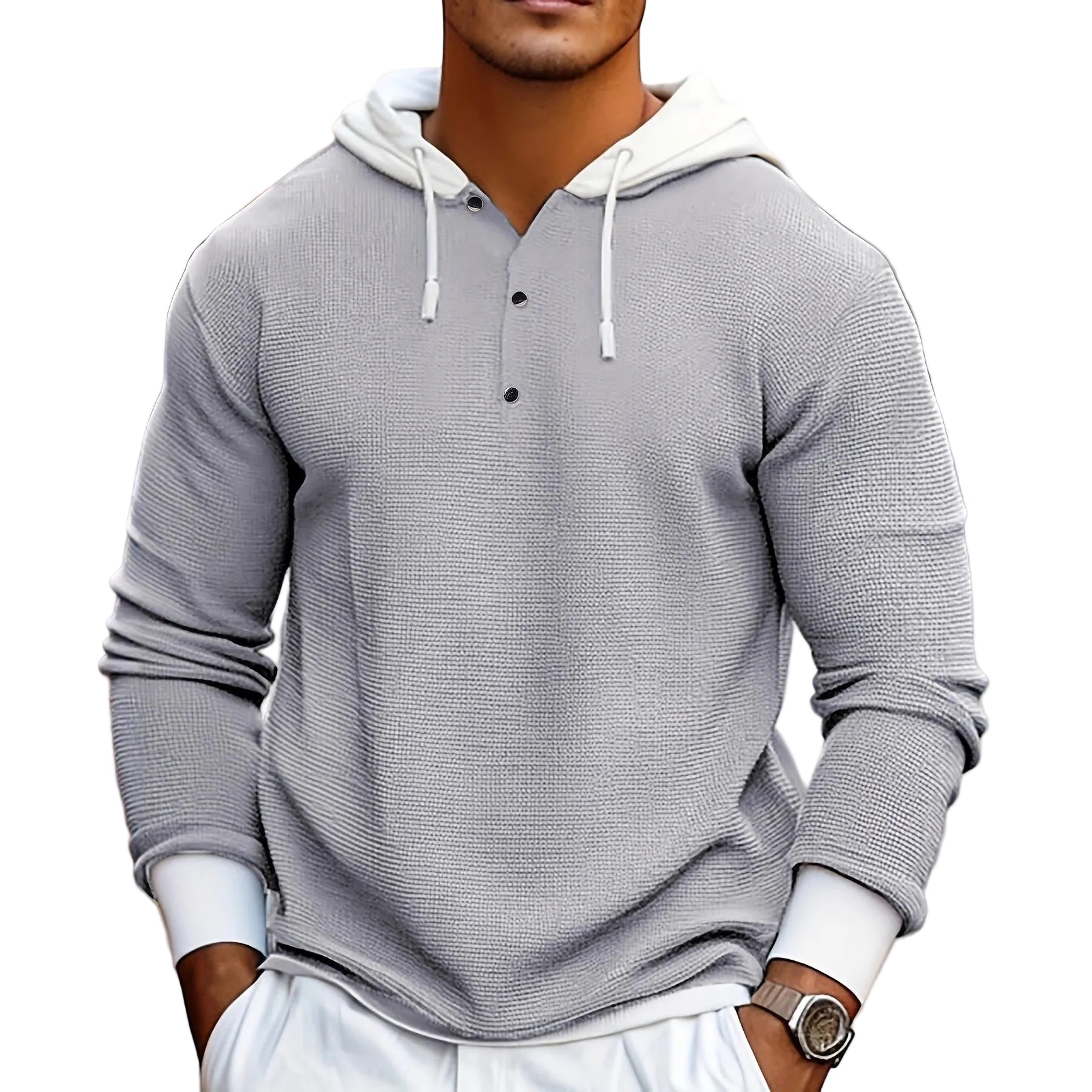 Gray textured waffle-knit long-sleeve hoodie with contrast color and buttons