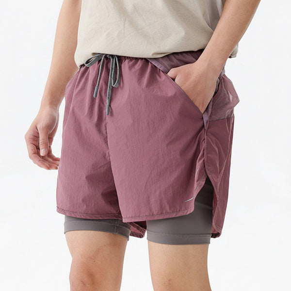 Men's elastic waist outdoor running shorts in various colors including Peachheart Red, Khaki, Dark Gray, and Taro Purple