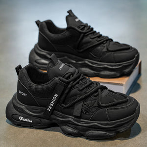 Men's autumn chunky dad sneakers in black and army green with lace-up closure