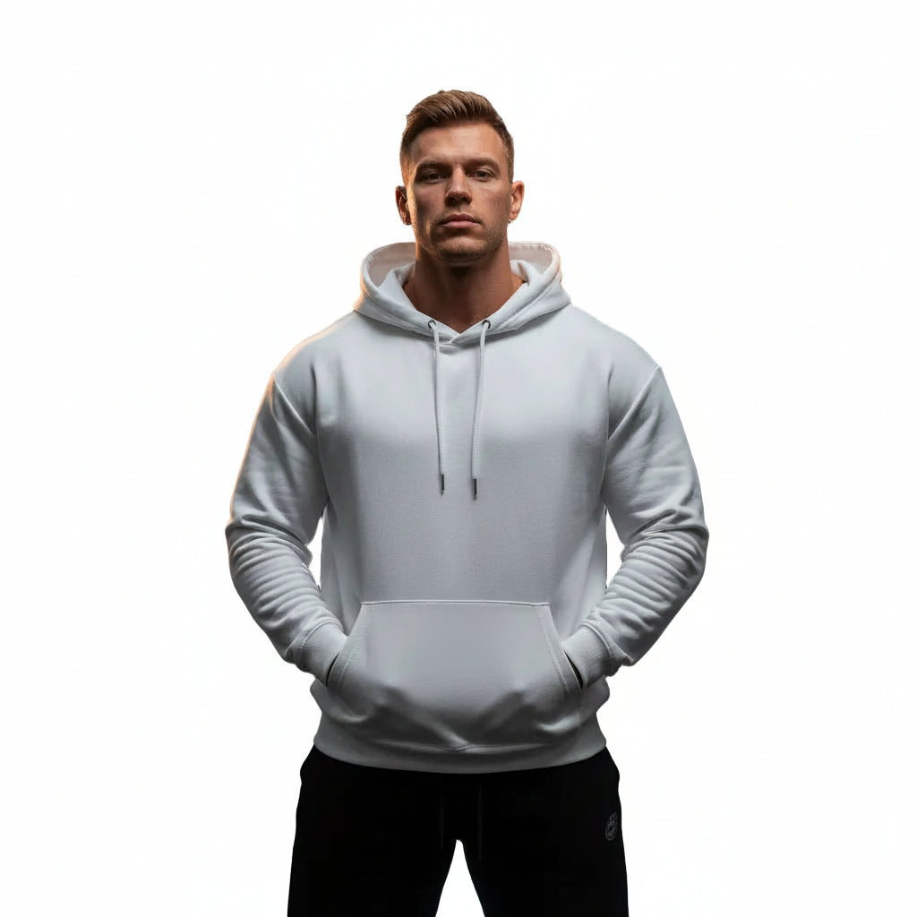 Men's and women's solid color lightweight hoodie available in white, grey, red, black, and yellow